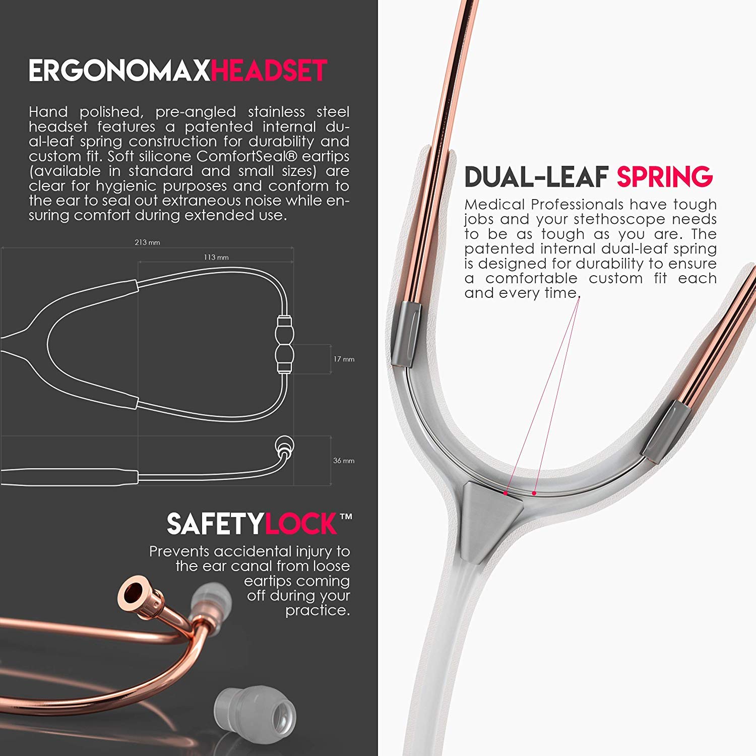 MDF Instruments, MD One Stainless Steel Premium Dual Head Stethoscopee, Adult, White Tube, RoseGold Chestpieces-Headset, MDF777RG29 - Image 3