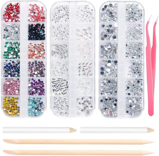 Nail Art Rhinestones and Nail Gems 3 Boxs, Flat Nail Crystals Clear Rhinestones Mix Sizes with 2 Rhinestone Picker Tool Pens, 2 Nail Wooden Sticks and 1 Pink Tweezer