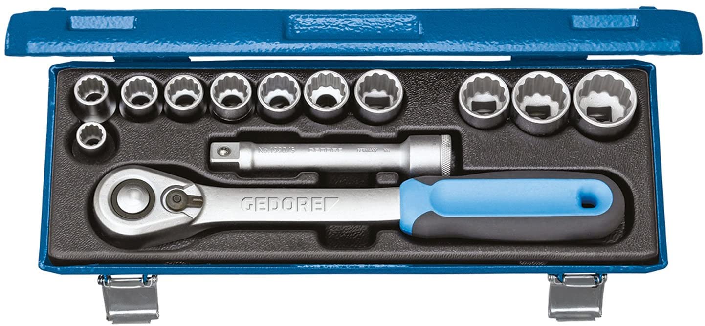 GEDORE 13-piece Socket spanner set, Hex/bi-hex, 1/2", 10-24 mm, Tool, Ratchet with lever reverse, for Automotive D19 KMU-20