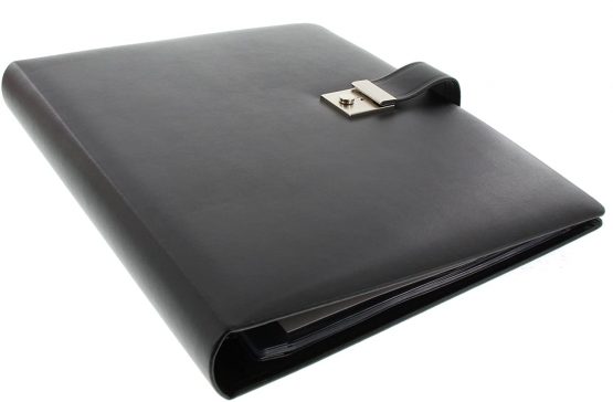 goldbuch 54958 Document Folder for DIN A4 Documents, Ring Binder Folder with 5 Pockets Expandable Folder with Lock Orginal Folder Made of Real Leather Approx. 29 x 36 cm Black