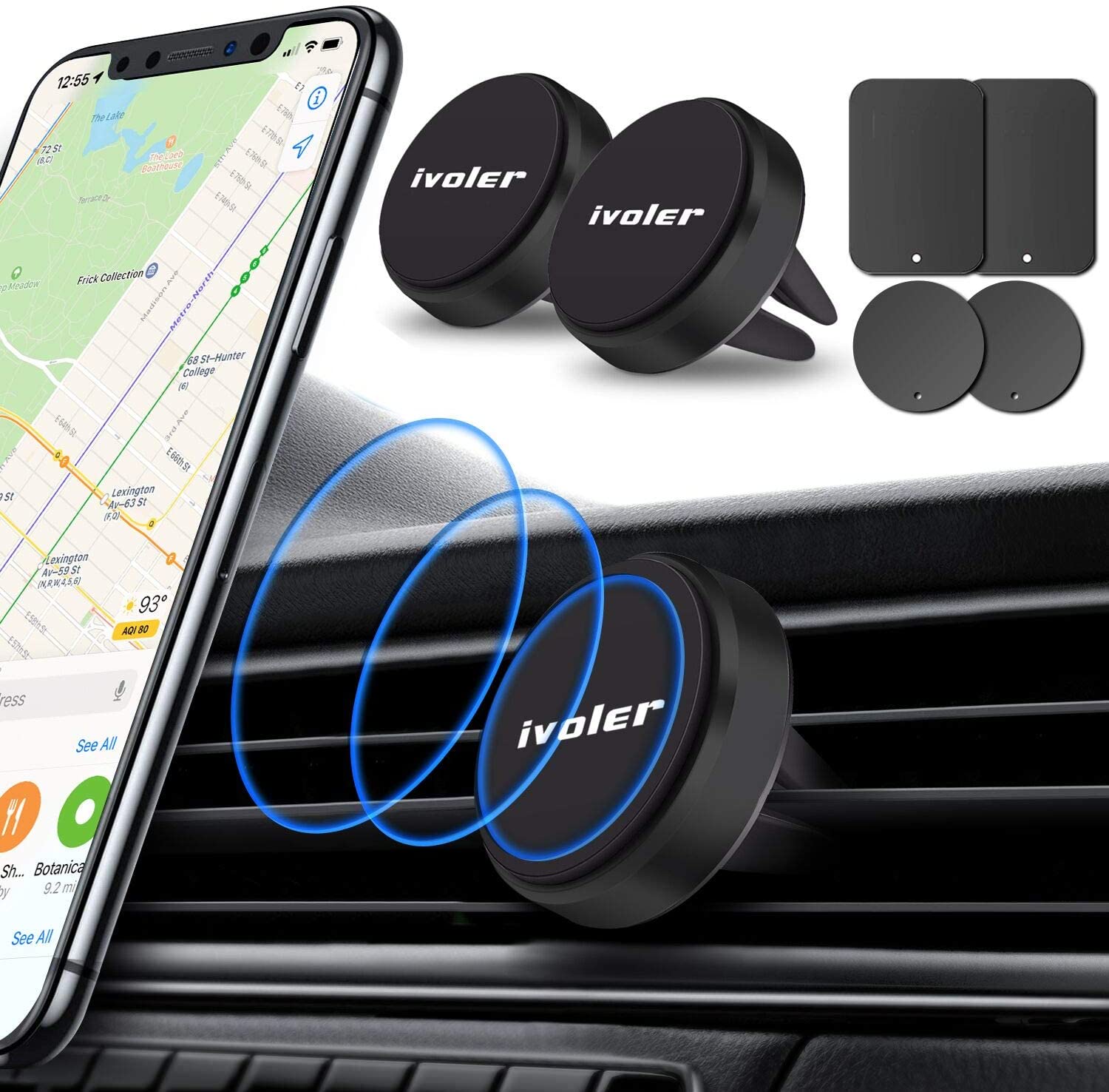 ivoler 2-Pack Car Phone Mount, Magnetic Phone Holder for Car Air Vent Compatible with Smartphones, with 4 Metal Plates - Black