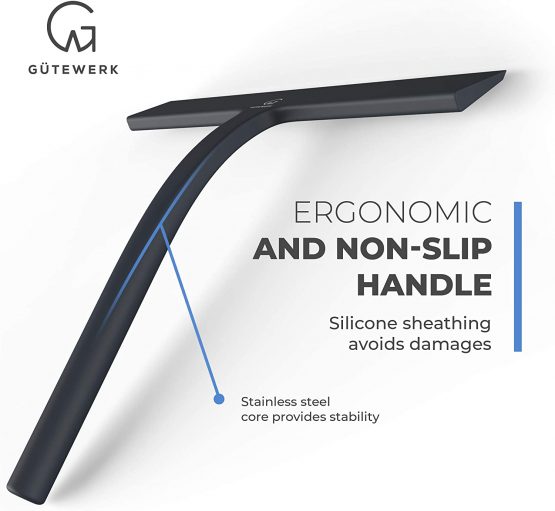 GÜTEWERK shower squeegee black 9 in - incl. chrome suction cup hook - stainless steel core - silicone rubber squeegees for bathroom cleaning - window screen wiper cleaner glass scraper blade showers - Image 2