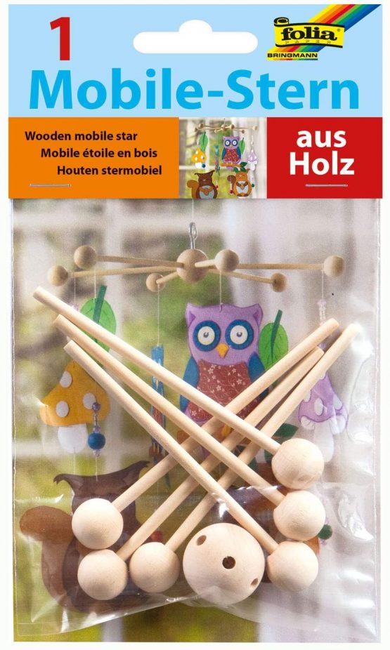Folia 2280 Wooden Star with 6 arms to Clip Together with Metal Hooks for Hanging, Diameter Approx. 22 cm, Ideal for DIY mobiles, Wood