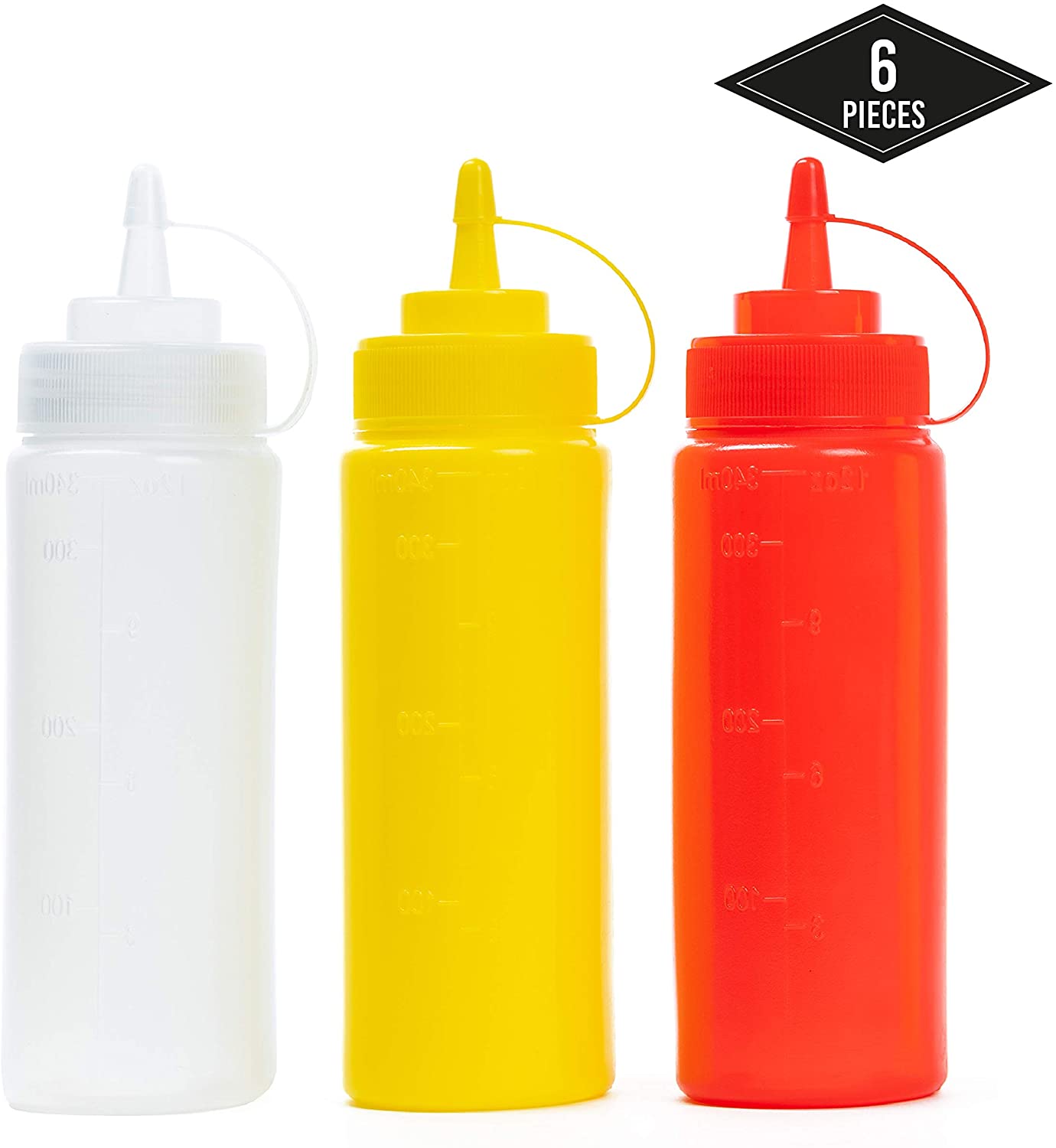 MATANA 6 Coloured Squeeze Sauce Bottles with Caps BPA Free 340ml