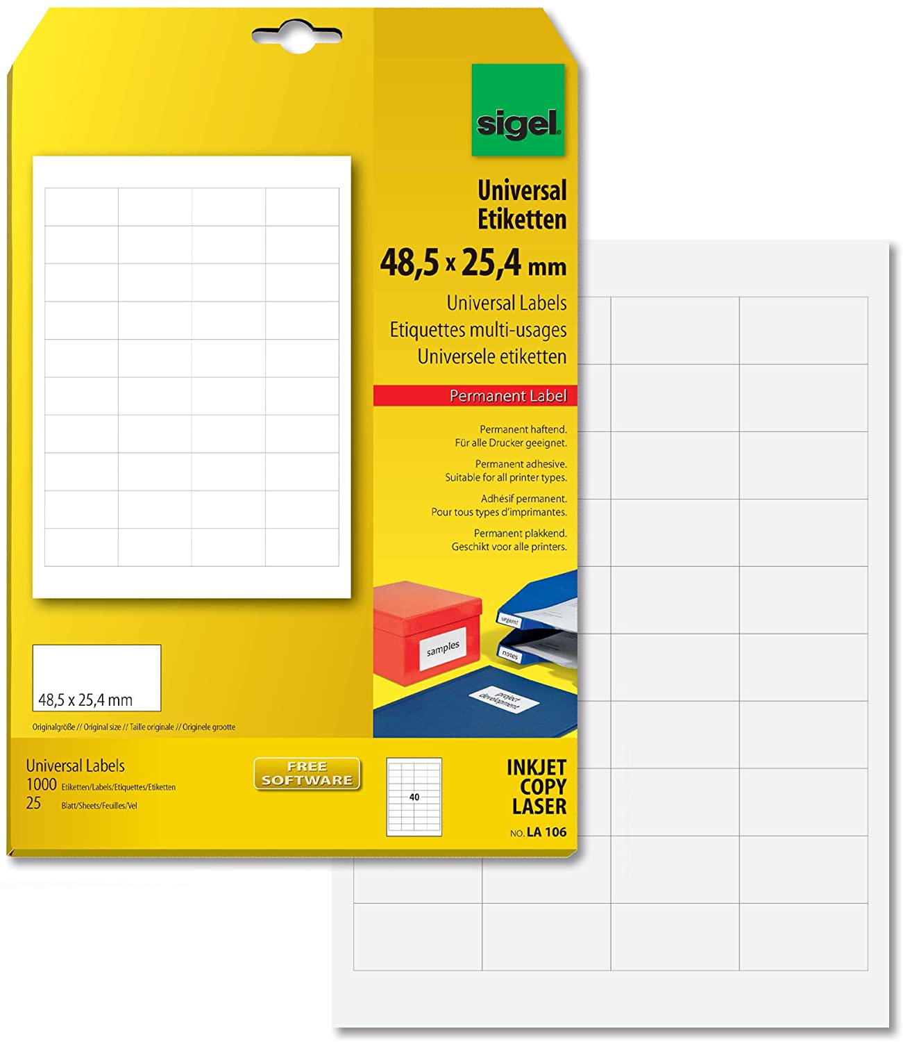 SIGEL LA106 Universal Permanent Labels, White, 4.85 x 2.54 cm, 100 lbl equal to 25 sheets, White, 48.50 x 25.40 mm