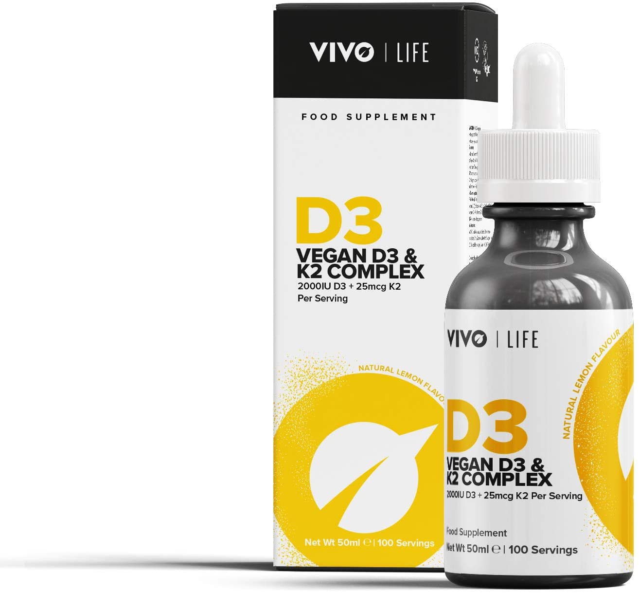 Vivo life - Vitamin D3 K2, 50ml Liquid Complex Drops, 2000iu of D3, Vegan Health Supplement for Men and Women 100 Servings