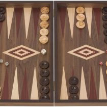 Red Uber Walnut Backgammon Set - Fantastic Quality Foldable Walnut Backgammon Boards measuring 48cm x 60cm x 4xm when open. Includes 30 coloured oak wood counters, 2 standard dice, a back gammon doubling die, and a bag for storage.