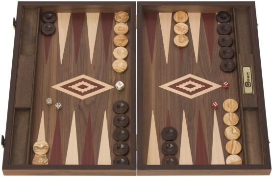 Red Uber Walnut Backgammon Set - Fantastic Quality Foldable Walnut Backgammon Boards measuring 48cm x 60cm x 4xm when open. Includes 30 coloured oak wood counters, 2 standard dice, a back gammon doubling die, and a bag for storage.