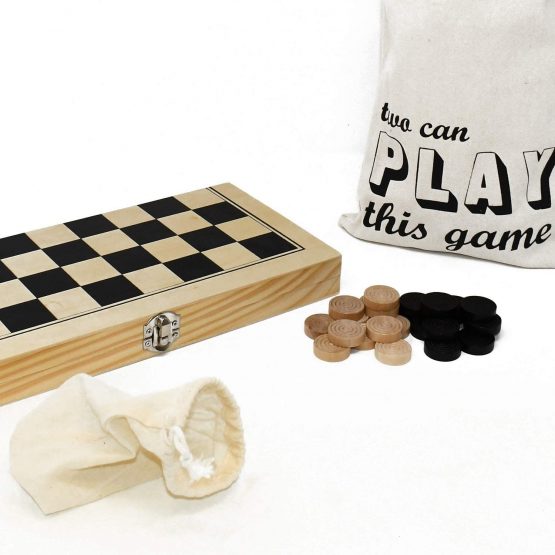 Big Game Hunters Pine Wooden Travel Draughts Set with Folding Board 30 x 30, Superior Varnished Checkers and Cotton Bag - Image 3