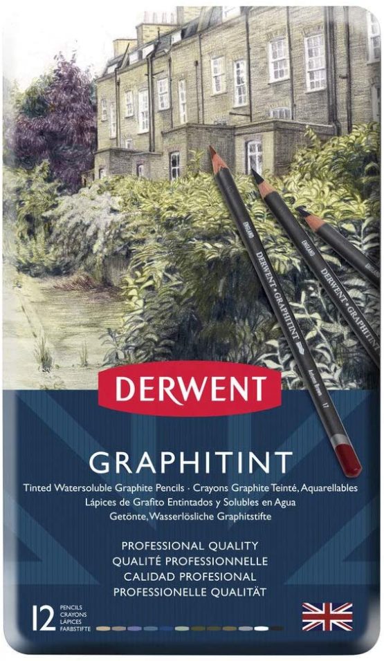 Derwent 700802 Graphitint Tinted Graphite Drawing Pencils, Watersoluble, Professional Quality,reySet of 12
