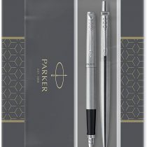 Parker Jotter Duo Gift Set with Ballpoint Pen & Fountain Pen, Stainless Steel with Chrome Trim, Blue Ink Refill & Cartridges, Gift Box