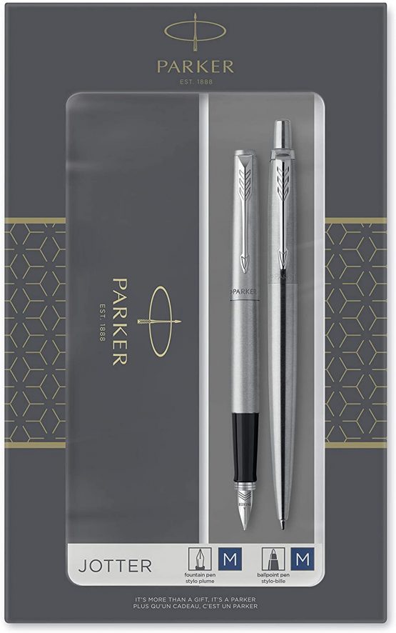 Parker Jotter Duo Gift Set with Ballpoint Pen & Fountain Pen, Stainless Steel with Chrome Trim, Blue Ink Refill & Cartridges, Gift Box