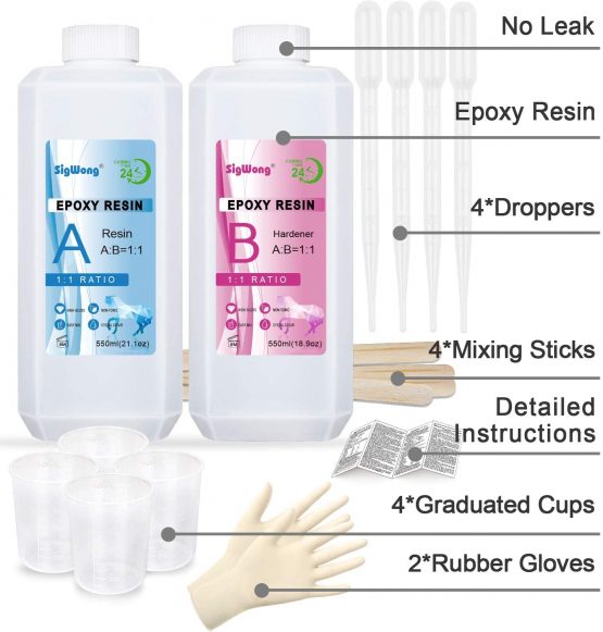Epoxy Resin Clear Crystal Coating Kit 40oz/1100ml - 2 Part Casting Resin for Art, Craft, Jewelry Making, River Tables, Bonus Gloves, Measuring Cup, Wooden Sticks and Dropper - Image 2