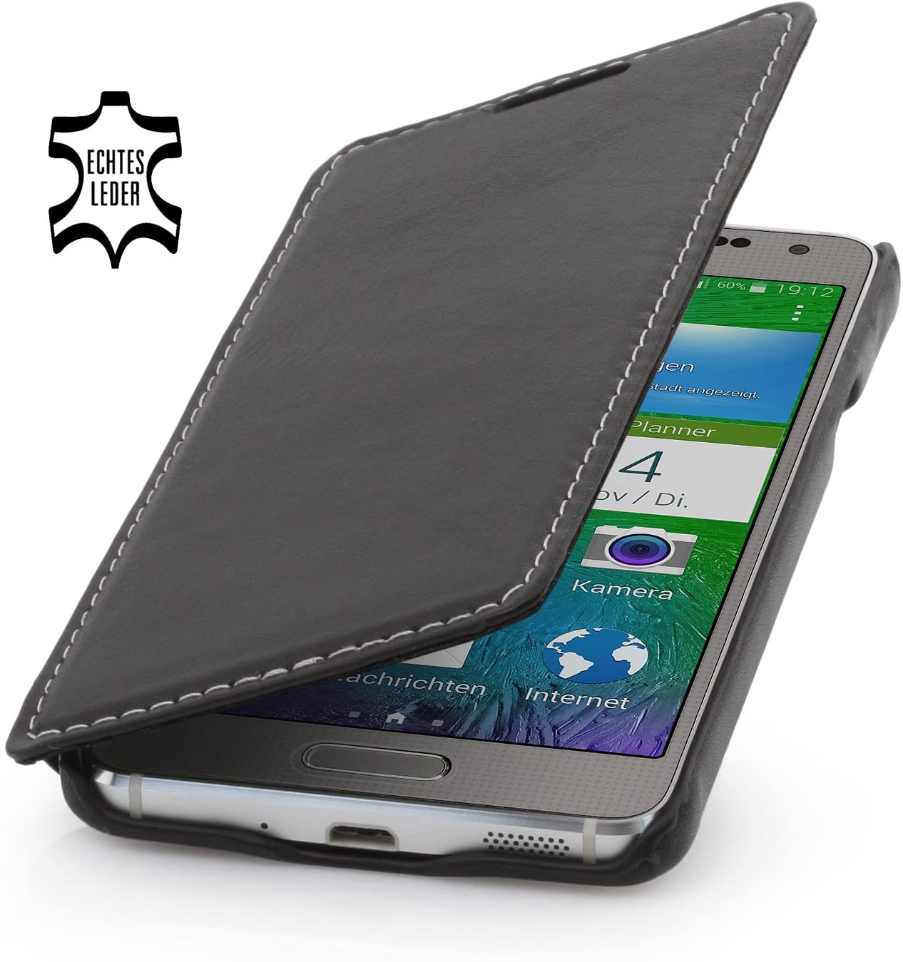 StilGut® Book Type, Leather Case for Samsung Galaxy Alpha Black Nappa without Clip