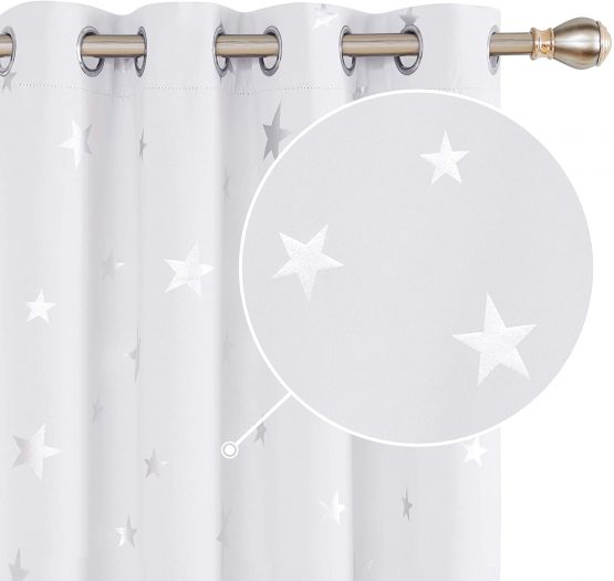 Deconovo Stars Foil Printed Thermal Insulated Curtains Eyelet Blackout Curtains for Girls Bedroom 46 x 90 Inch Greyish White 1 Pair