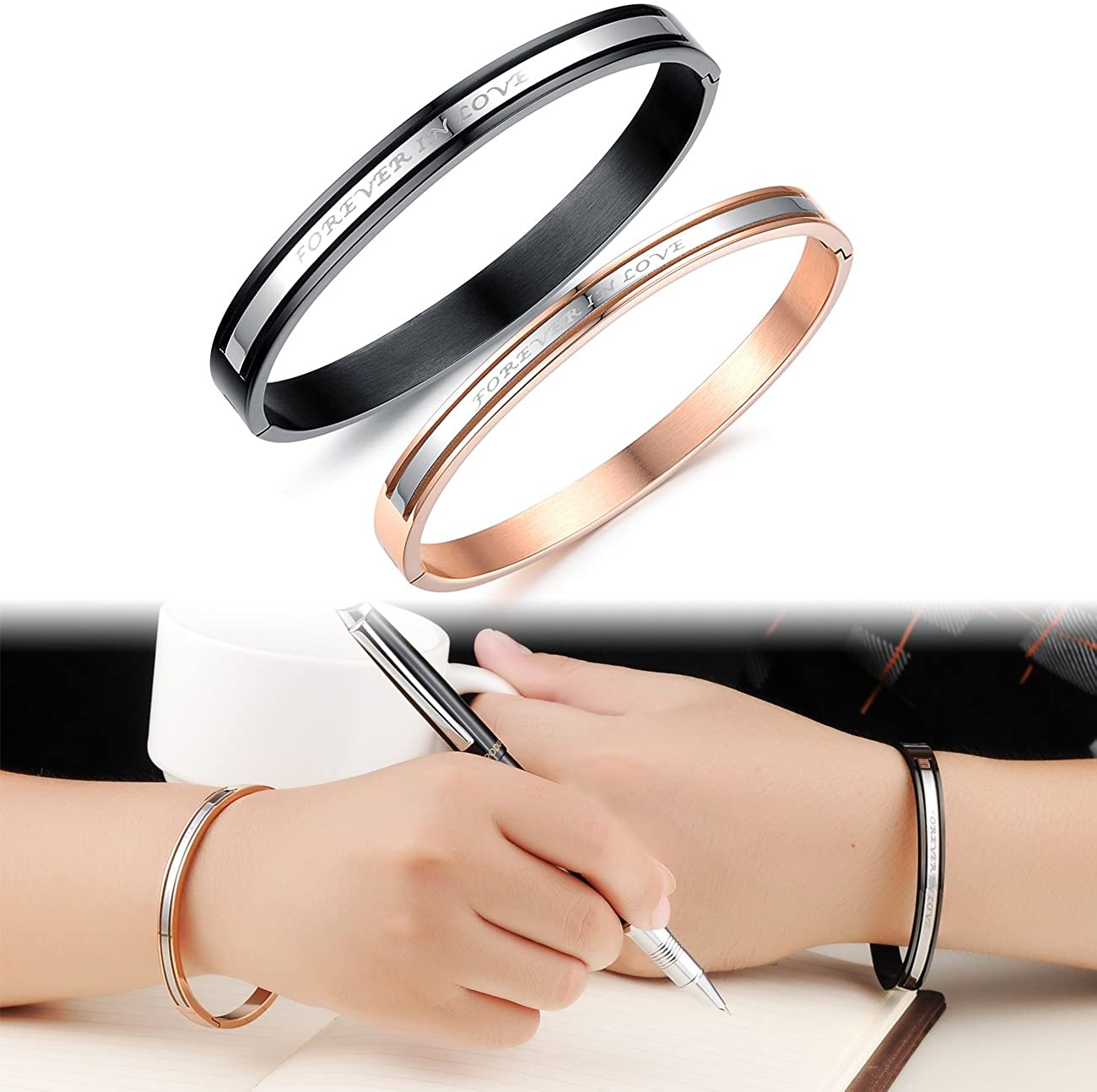 JewelryWe His & Hers Matching Set Couple Stainless Steel Bangle Bracelet Forever in Love Promise Anniversary in a Gift Bag (2pcs) - Image 2