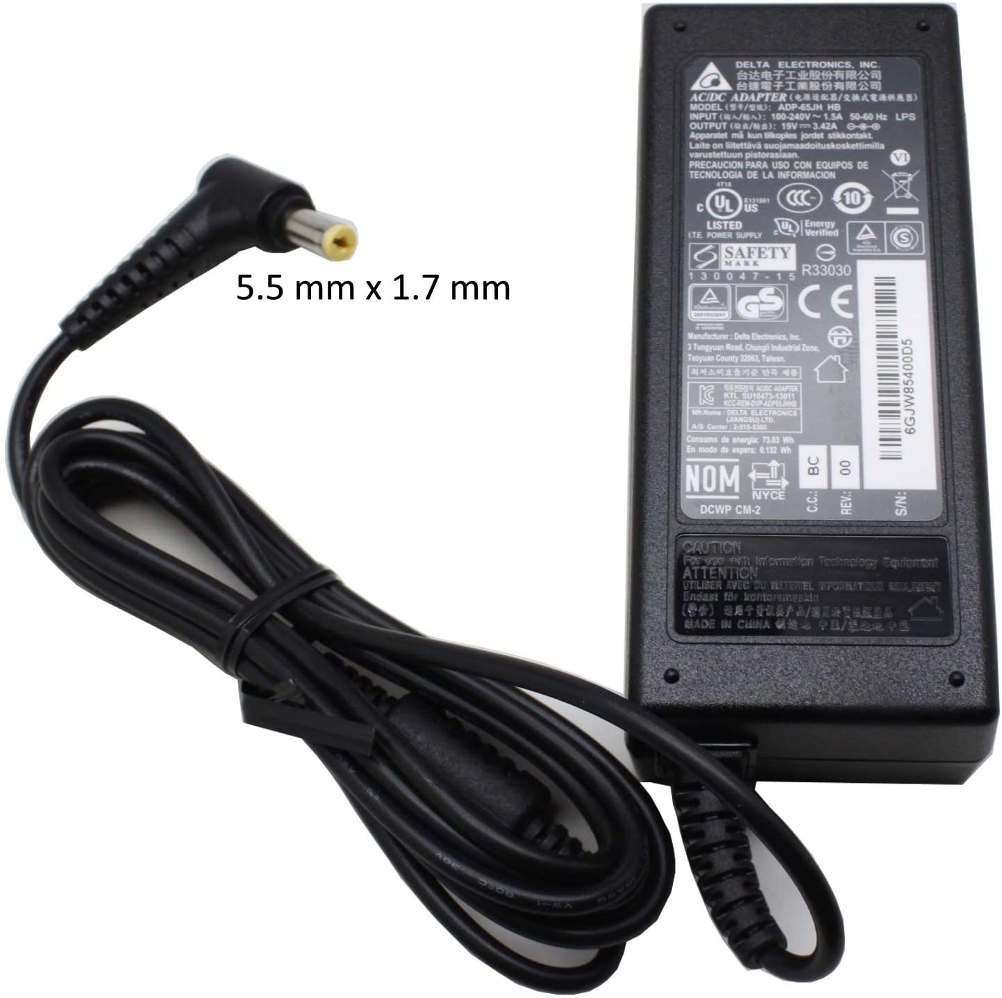 Delta 19v 3.42a Laptop AC Adapter for Acer Aspire 5315 5360 5532 5535 5536 5542G 5551 5552 5732 5735 5736 5737 5738 5740 fits PA-1600-02 PA-1650-01 PA-1650-02 SADP-65KB 65W CHARGER