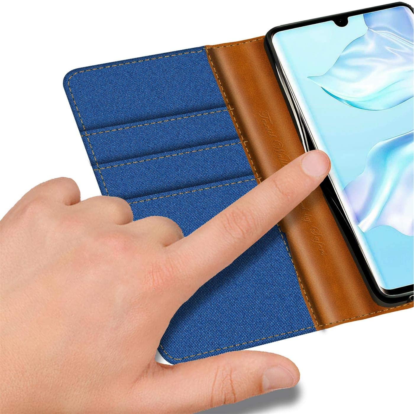 Verco Phone Wallet Case compatible with the Huawei P30, Canvas Faux Leather Book Cover for the P30 Flip Case Bag Hinged - Blue - Image 3