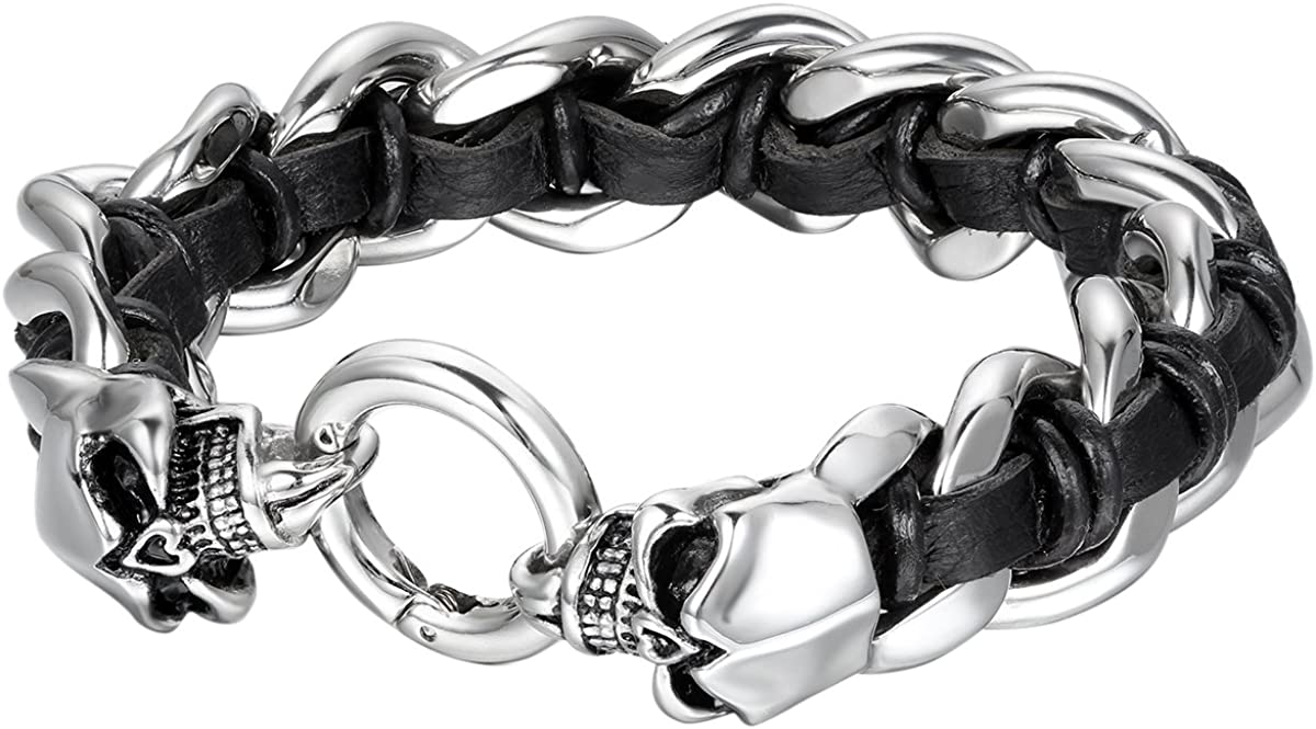 Cupimatch Men's Stainless Steel Biker Skull Leather Curb Chain Interwoven Bracelet, 8.7 Inch, Type 3, 22 centimeters