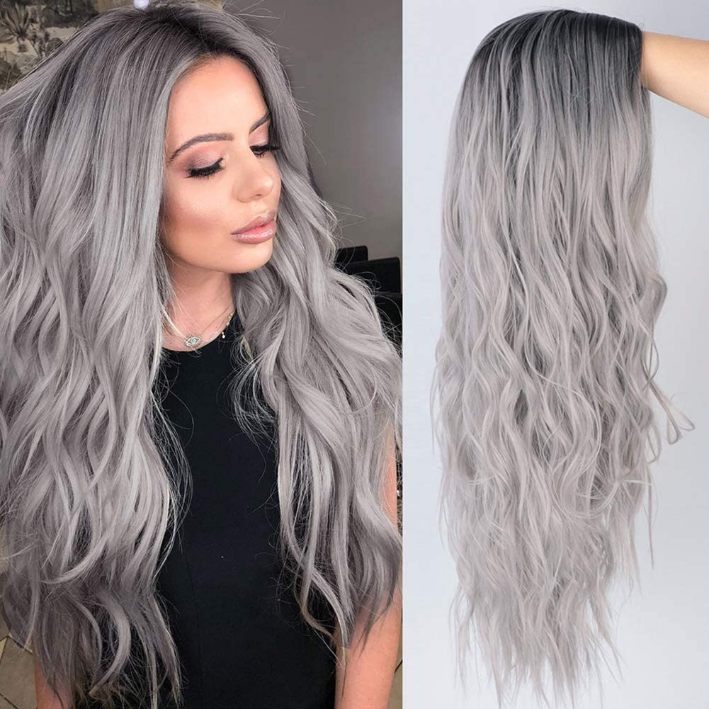 ColorfulPanda Ombre Grey Long Wigs for Women with Dark Roots Black Long Wavy Curly Wig Cosplay Party or Daily Use