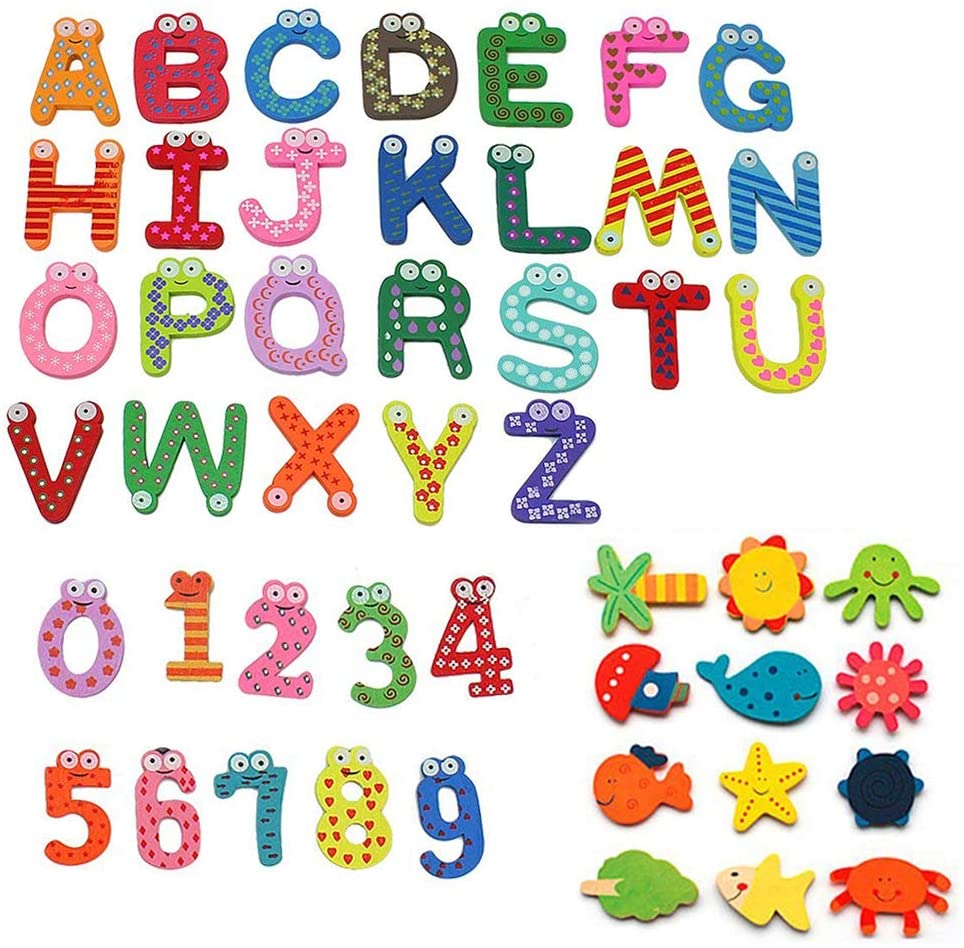 Simuer Wooden Fridge Magnet Letters A-Z Alphabet Animals Numbers Magnetic Letters Words Funny Cartoon Refrigerator Sticker Learning Education Toys 48Pcs/Set
