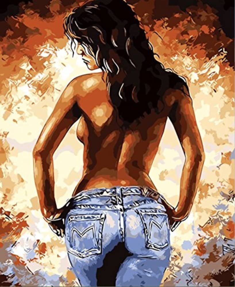 YEESAM Art Paint by Numbers for Adults Beautiful Girl in Jeans 16x20 inch DIY Painting Kits for Home Wall Decor (Girl, Without Framed)