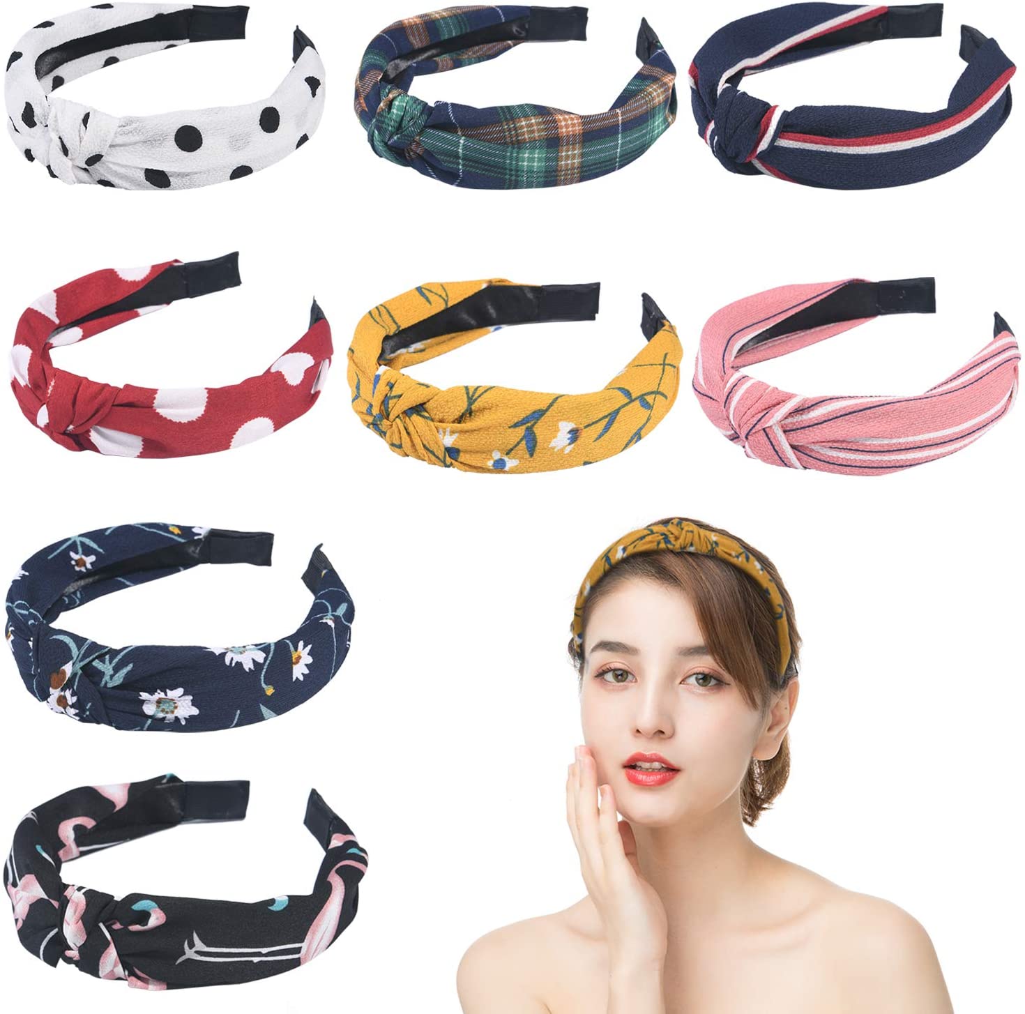 URAQT Headbands for Women 8 Packs Mixed Printed Fabric Hair Band, Knot Hairbands Hair Accessories for Daily Wearing Dating, Sports