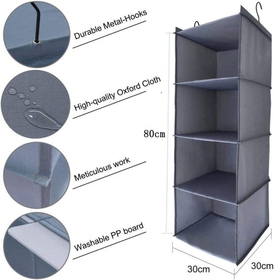 BrilliantJo Hanging Wardrobe Organizer for Clothes Sweaters 4-shelf Hanging Closet Storage Shelves Washable (31.5 * 12 * 12 inch, Blue-grey) - Image 2