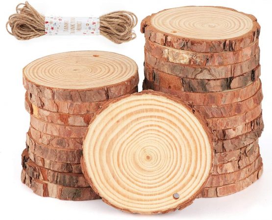 ilauke 30 Pcs Natural Wood Slices 8-9cm with Drilled Hole, Unfinished Log Wooden Circles with Natural Jute Twine for DIY Crafts Wedding Decorations Christmas Ornaments