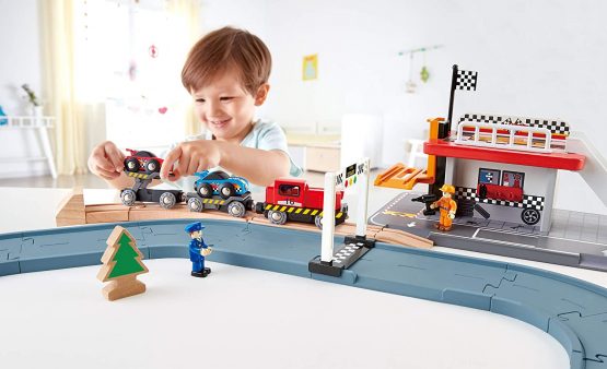Hape E3735 Race Car Transporter Railway Engine - Wooden Train Track Accessories - Image 3