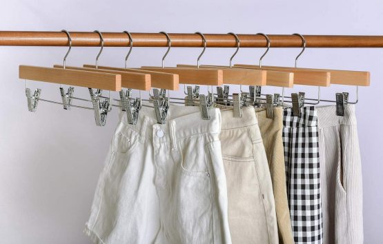 Amber Home 35.5cm Natural Wooden Pants Hangers 10pcs, Smooth Wood Skirt Hanger Organizer with 2 Adjustable Anti-Slip Clips, Space Saving Solid Clothes Hangers Rack for Bottoms Jeans Slacks Trousers - Image 3