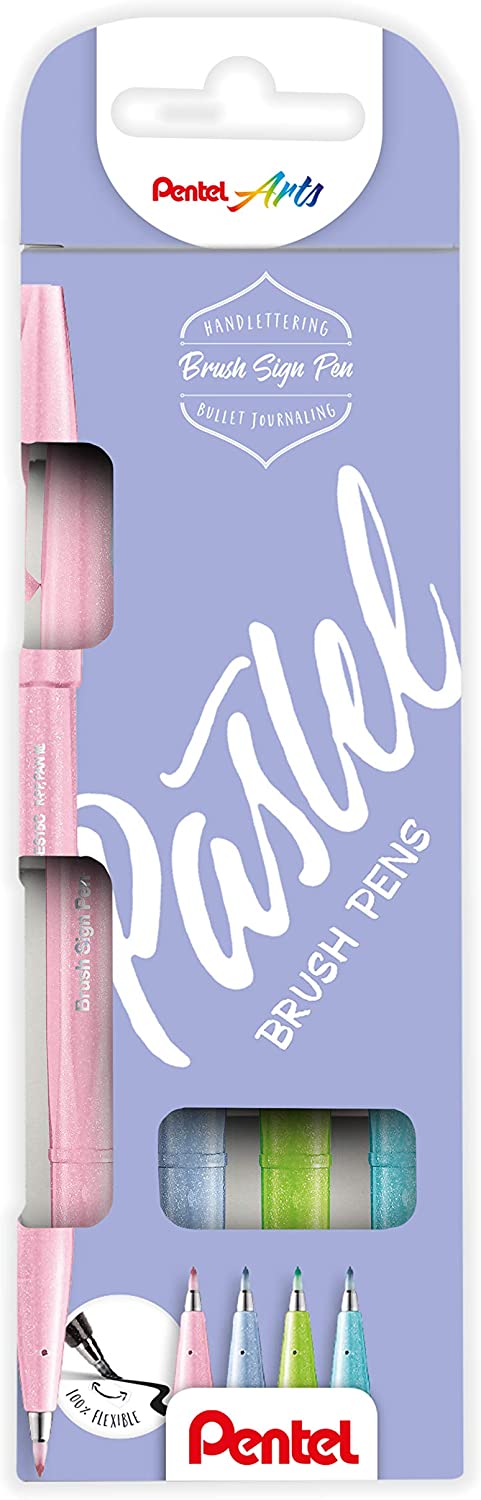 Pentel Brush Sign Pen SES15C-12 Fibre-Tip Pen 4 Blue grey, light green, azure blue, pale pink, 1 count (Pack of 4)