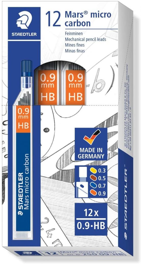 Staedtler Mars Micro Carbon 250 09 0.9mm HB Mechanical Pencil Lead (Pack of 12)