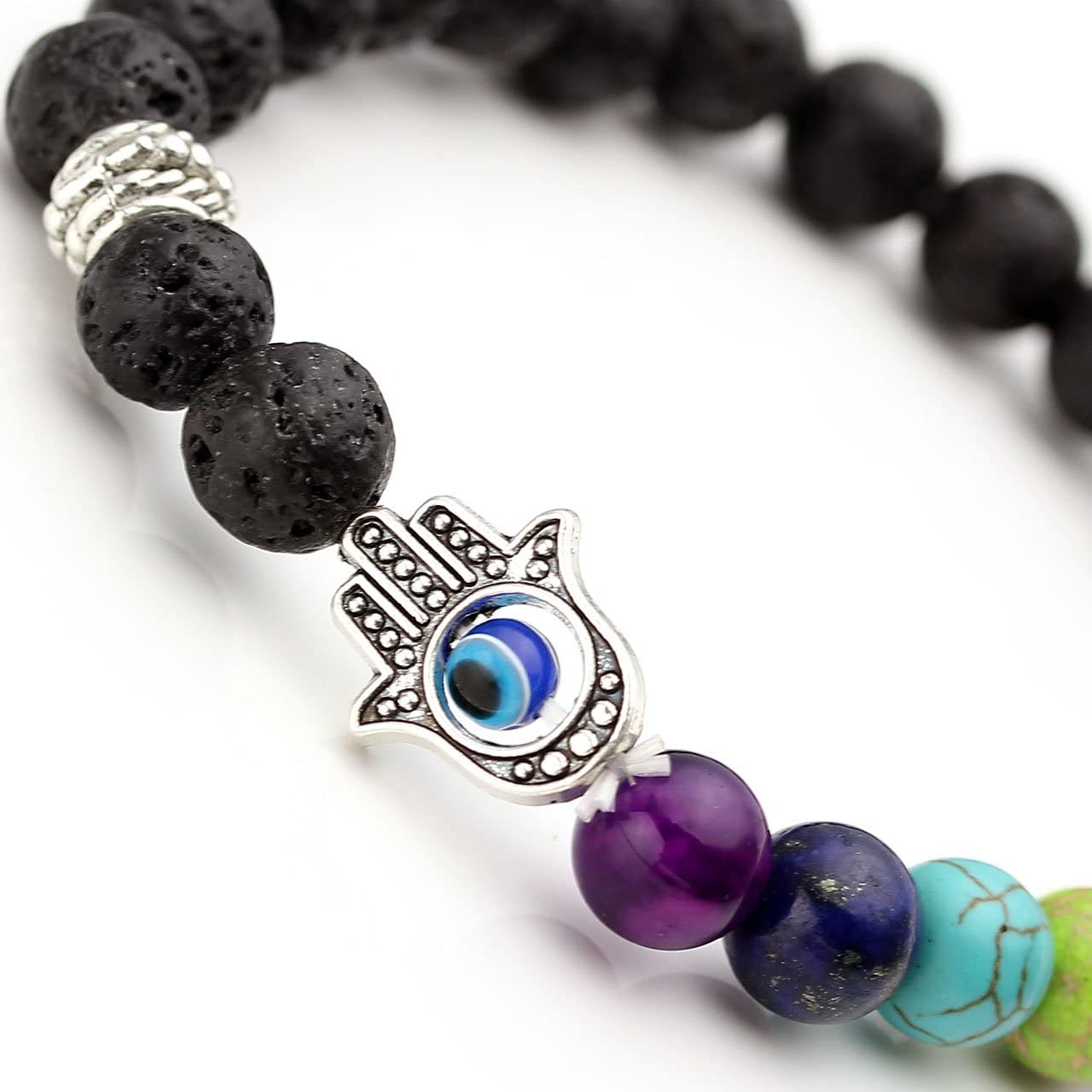 Jovivi Mens Healing Crystal Hamsa Hand Evil Eye Lava Chakra Bracelet for Women,Natural Gemstones Yoga Anxiety Good Luck Protection Beaded Bracelet Jewellery gifts for Men Women - Image 4
