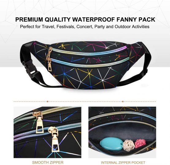 flintronic Waist Bag, Holographic Fanny Pack with PU Leather, Shiny Belt Bag Festival Rave Bumbags for Ladies Travel Party Sports Running Hiking(Black)(1 Business Card Holder Include) - Image 3