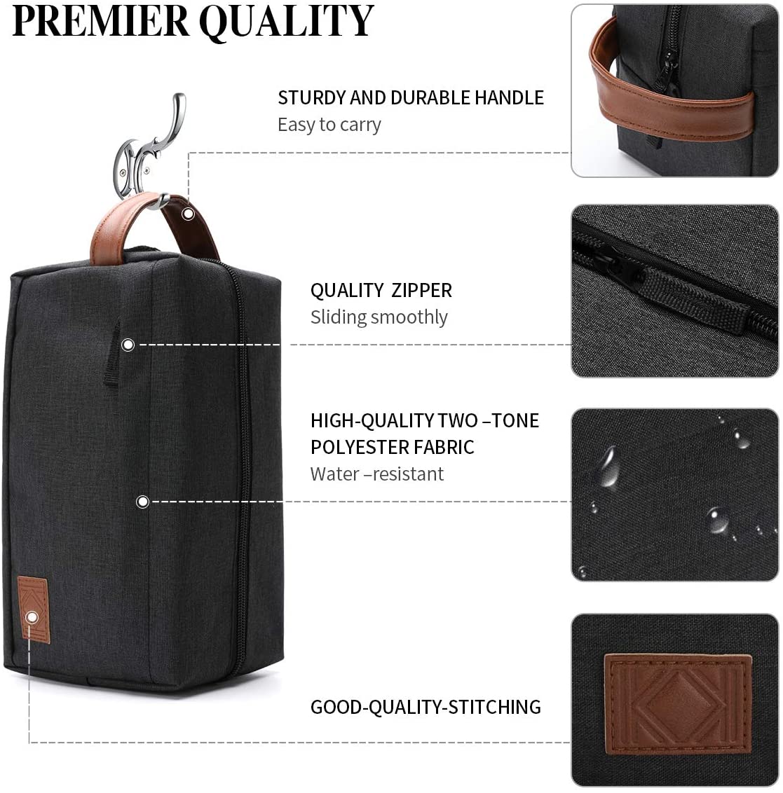 KK Water - Resistant Hanging Toiletry Travel Bag - Spacious Black Gym, Shaving, Make Up Bag for Men & Women - Image 2