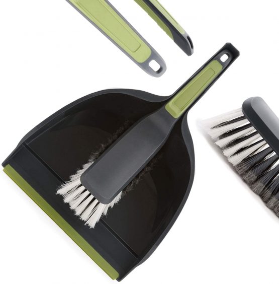 CleanPEAK Large Dustpan and Brush Set with Soft Grip Handle, Soft Bristles, Flexible Pan Edge, Grey / Green