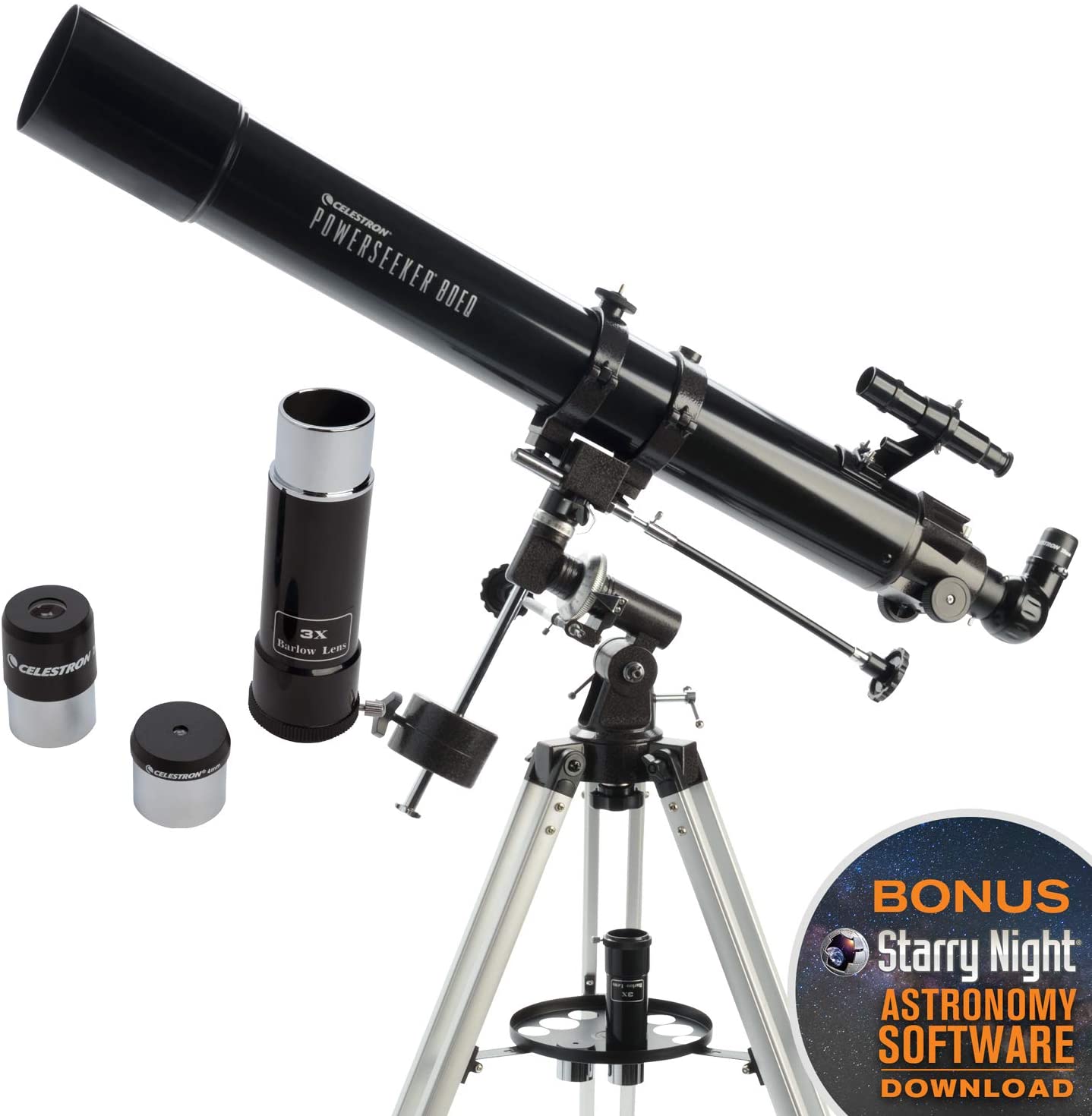 Celestron 21048 PowerSeeker 80EQ Refractor Telescope, includes Two Eyepieces, Erect Image Diagonal, 3x Barlow Lens - Image 2