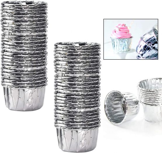 Silver Baking Cups 100Pcs Metallic Small Baking Cupcake Liners Cupcake Cases Cake Paper Wrapper Foil Metallic Muffin Cases Baking Cups for Thanksgiving Christmas Wedding Holiday Party-Silver