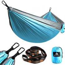 NATUREFUN Ultra-Light Travel Camping Hammock | 300kg Load Capacity,(275 x 140 cm) Breathable,Quick-Drying Parachute Premium Carabiners,2 x Nylon Slings Included | for Outdoor Indoor Garden, Textile, Azure/Grey,