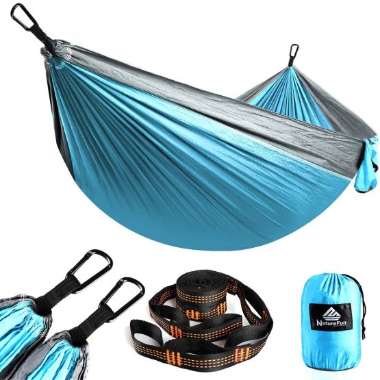 NATUREFUN Ultra-Light Travel Camping Hammock | 300kg Load Capacity,(275 x 140 cm) Breathable,Quick-Drying Parachute Premium Carabiners,2 x Nylon Slings Included | for Outdoor Indoor Garden, Textile, Azure/Grey,