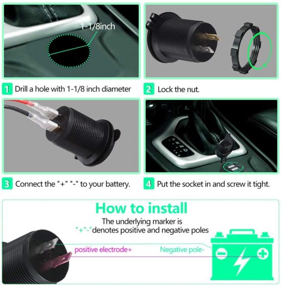 Thlevel Dual USB Charger Socket, Dual 5V/4.2A USB Car Charger Power Outlet with switch for 12V/24V Car, Boats and Marine, Motorcycle, Truck, SUV, UTV (1x USB Socket Green) - Image 2
