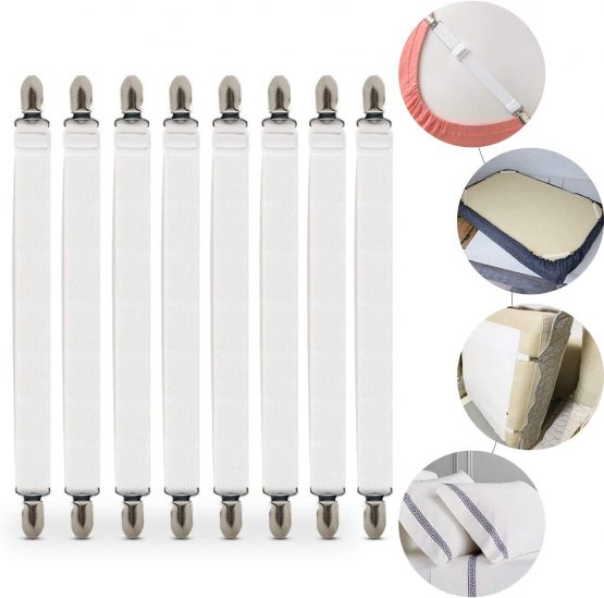 Soneer Adjustable Bed Fasteners,8pcs Sheet Straps Suspenders with Metal Clips, White,