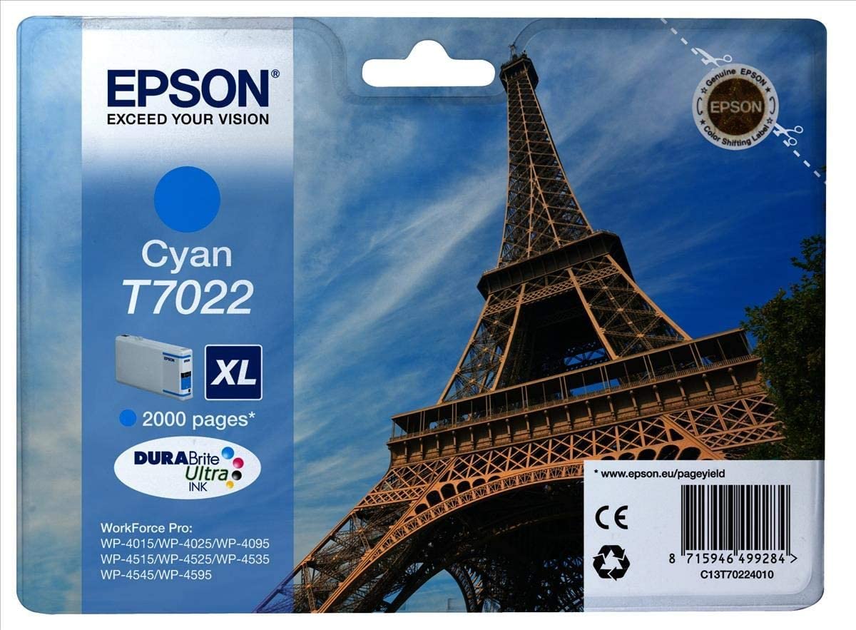 Epson T7022 Eiffel Cyan Genuine, XL High Yield Ink Cartridge DuraBrite Ultra