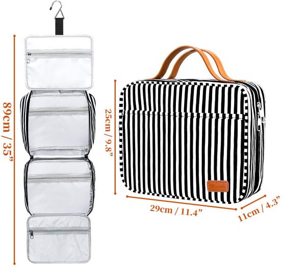 Hanging Travel Toiletry Bag, Large Capacity Wash Bag Waterproof Cosmetic Bag Makeup Organizer with 4 Compartments & 1 Sturdy Hook for Women/Men (Grey & White Striped) - Image 3