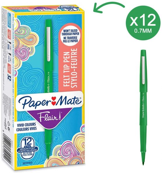 Paper Mate Flair Pen, 0.7 mm Medium Tip, Green, Box of 12