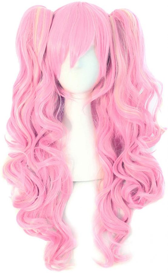 MapofBeauty Multi-color Lolita Long Curly Clip on Ponytails Cosplay Wig (Pink/Blonde)(Size: Free Size)
