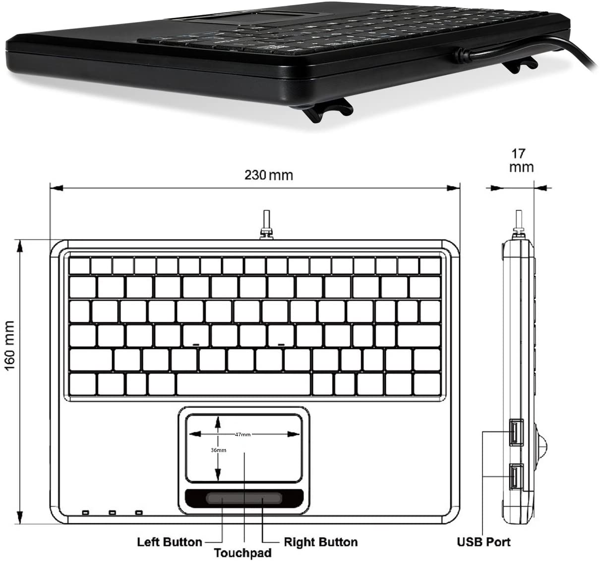 Perixx PERIBOARD-510H PLUS | Mini Tastiera USB Con Touchpad Integrato | Hub USB 2.0 | Cavo 1,8 M - 3