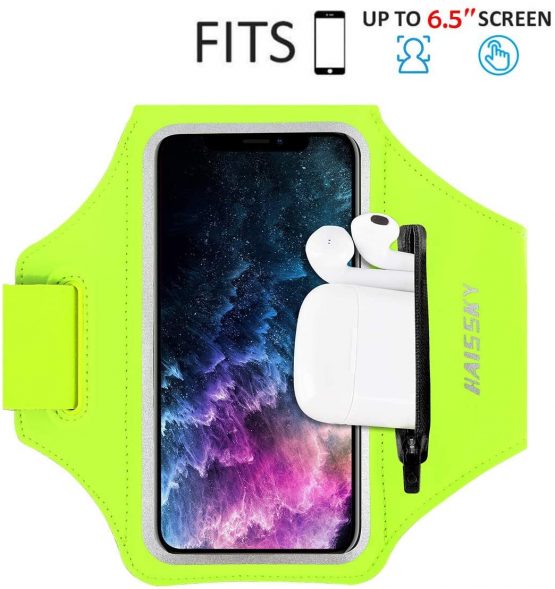 HAISSKY Running Armband with Earbuds Bag Sports Phone Armband for iPhone 12/12 Pro Max/11/11 Pro/XS/XR/X/8 Plus Sports Phone Holder Case with Touch Sensitive and Zipper Slot for Phones up to 6.5"