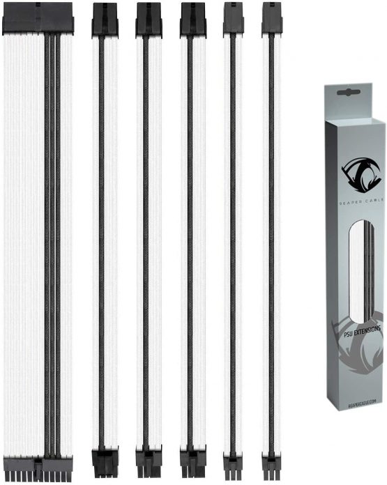 Reaper Cable Sleeved PSU Extension Set - Power Supply Extensions - 1x 24 Pin/ 2x 8 Pin/ 2x 6 Pin/ 1x 4+4 Pin - With Combs - 30cm (White & Carbon)